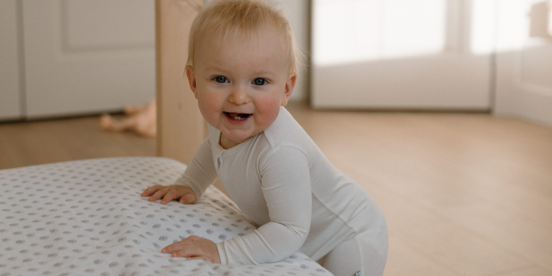 Blonde baby standing in cream bamboo sleeper