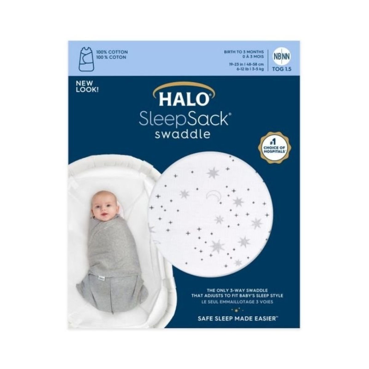 Cotton Swaddle Sleepsack 1.5 Tog Midnight Moons Grey