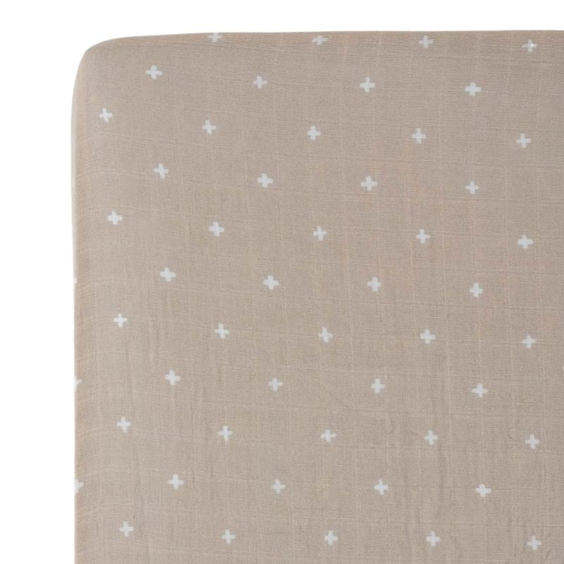 Cotton Muslin Crib Sheets Taupe Cross