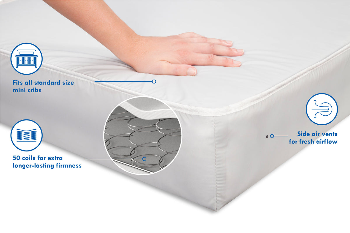 Deluxe Coil Extra Firm Mini Crib Mattress by DaVinci at $159! Shop now at Nestled by Snuggle Bugz for Nursery & Décor.