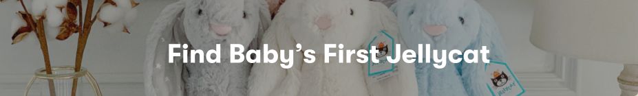 Jellycat plush toys with bashful bunnies lined up 